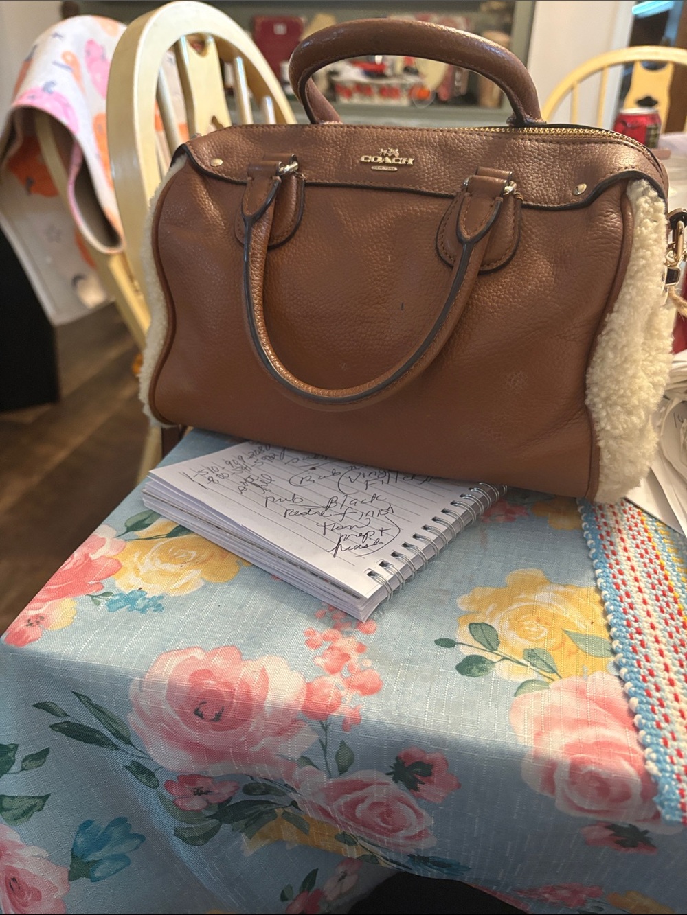 Coach Cream Shearling and Brown Leather Handbag